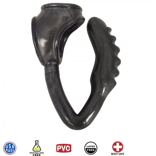 The Duke Cock and Ball Ring with Anal Plug -Black