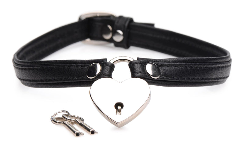 Heart Lock Leather Choker with Lock and Key - Black