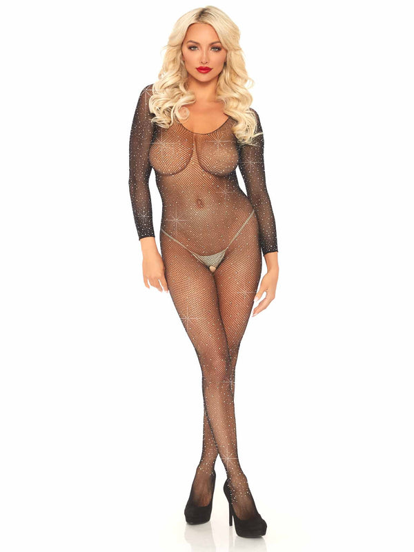 Rhinestone Fishnet Long Sleeved Crotchless Bodystocking
