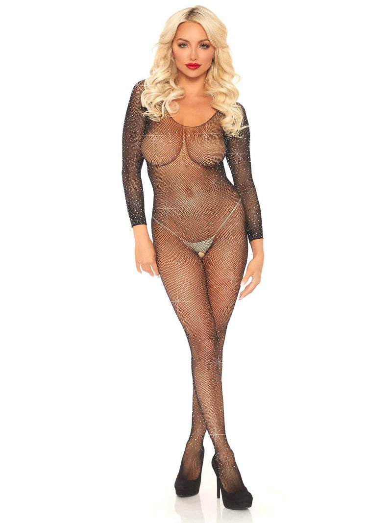 Rhinestone Fishnet Long Sleeved Crotchless Bodystocking